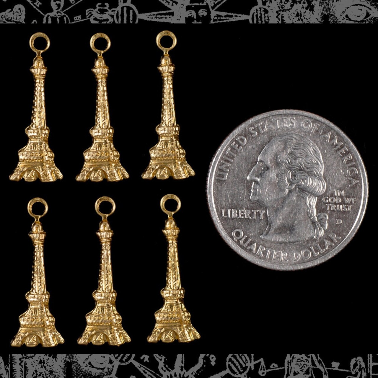 Raw Brass Eiffel Tower Flat Back Charms - Set of Six - B-C154